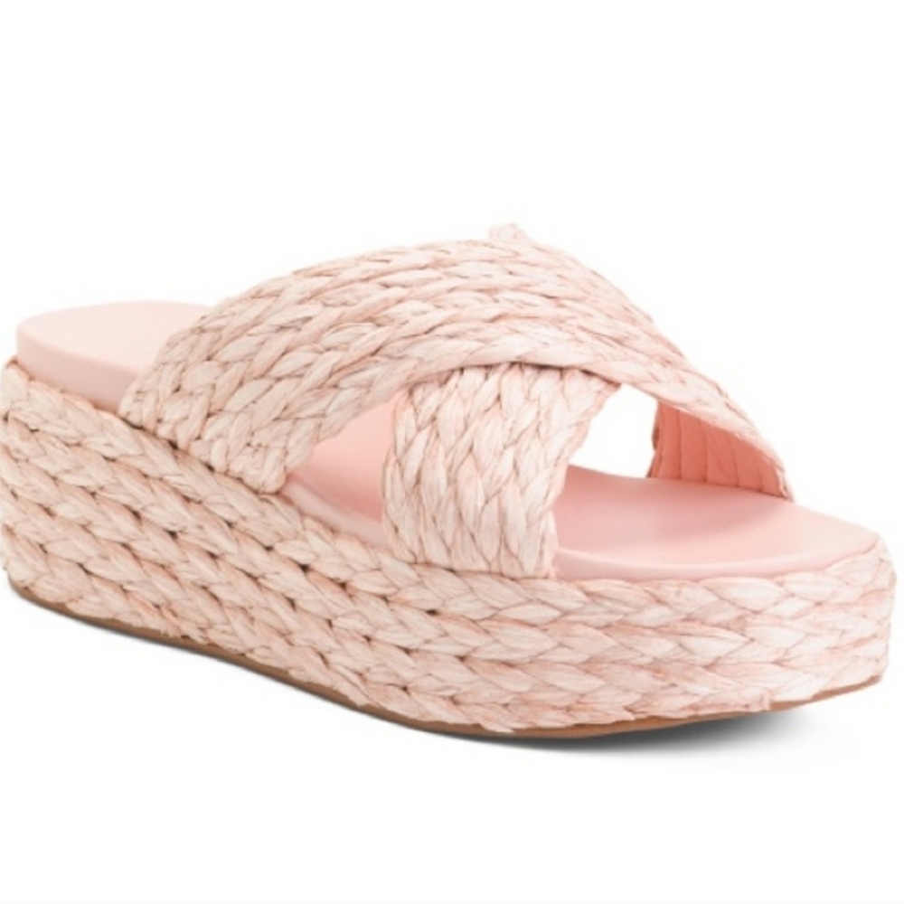 J/Slides Pink Quilla Raffia Braided Platform Slide Sandals Espadrille NEW
